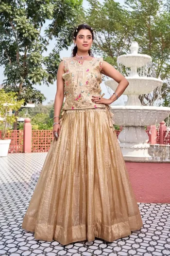 FANCY GOLD CRUSH EMBROIDERY SEQUENCE WITH THREAD WORK SHRUG WITH LEHENGA CHOLI CREAM