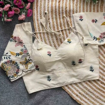 FANCY KHADI COTTON EMBROIDERY WORK STITCHED BLOUSE OFF WHITE