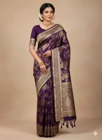FANCY LICHI SILK WEAVING WORK SAREE WITH UNSTITCHED BLOUSE PURPLE