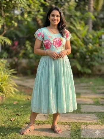 FANCY MUL MUL COTTON PRINTED WITH MAGGAM WORK GOWN SKY