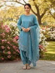FANCY NATURAL CREPE EMBROIDERY 3 MM SEQUENCE WORK WITH CUTWORK TOP PATIYALA WITH DUPATTA SKY