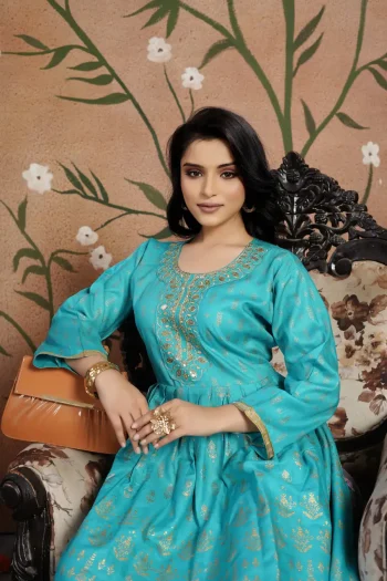 FANCY RAYON GOLDEN FOIL AND NECK WORK EMBROIDERY WORK GOWN RAMA