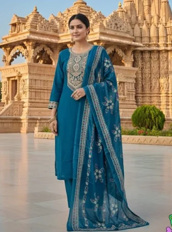 FANCY SLUB COTTON CUT PASTE EMBROIDERY WORK TOP BOTTOM WITH DUPATTA RAMA