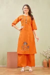 FANCY SLUB COTTON EMBROIDERY WORK CO-ORD SET ORANGE