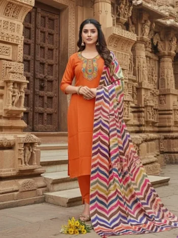 FANCY SLUB COTTON EMBROIDERY WORK  TOP BOTTOM WITH DUPATTA ORANGE