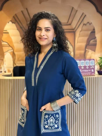 FANCY SLUB COTTON EMBROIDERY WORK WITH STYLES FRONT POCKET CO-ORD SET BLUE