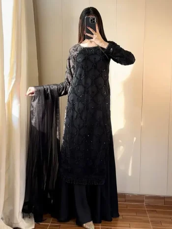 FANCY SOFT NET EMBROIDERY SEQUENCE WORK WITH FANCY PERAL MOTI AND LACE BORDER WORK TOP PALAZZO WITH DUPATTA BLACK