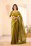 FANCY SOUTH COTTON PLAIN BODY WITH CONTRAST WAVING BORDER WORK SAREE WITH UNSTITCHED BLOUSE PARROT GREEN