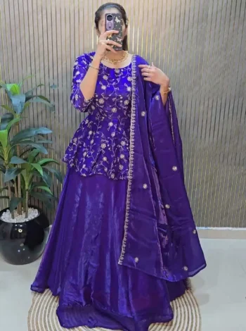 FANCY SPACE SILK MAGGAM SEQUENCE WORK LEHENGA PEPLUM TOP AND DUPATTA PURPLE