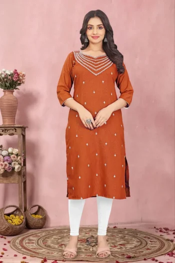 FANCY TESLA COTTON EMBROIDERY WORK KURTI ORANGE