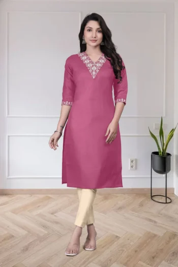 FANCY TESLA COTTON EMBROIDERY WORK ONLY KURTI PINK