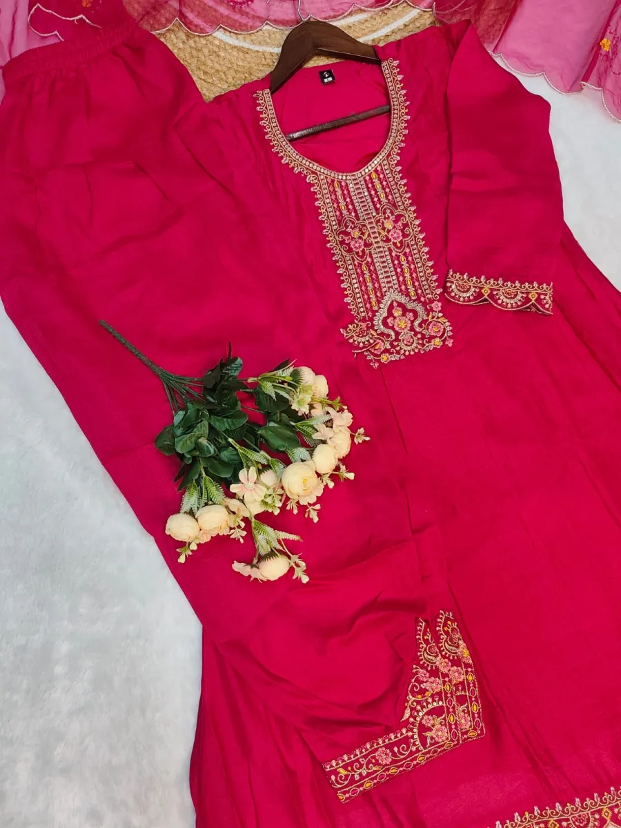 2FANCY VICHITRA SILK EMBROIDERY WORK TOP DHOTI PENT WITH DUPATTA FESTIVE WEAR WHOLESALE PRICE ETHNIC GARMENT (20)