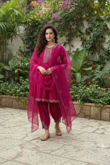 FANCY VICHITRA SILK EMBROIDERY WORK TOP DHOTI PENT WITH DUPATTA PINK