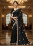FANCY VICHITRA SILK SEQUENCE EMBROIDERED CONTRAST PALLU WORK SAREE WITH UNSTITCHED BLOUSE BLACK
