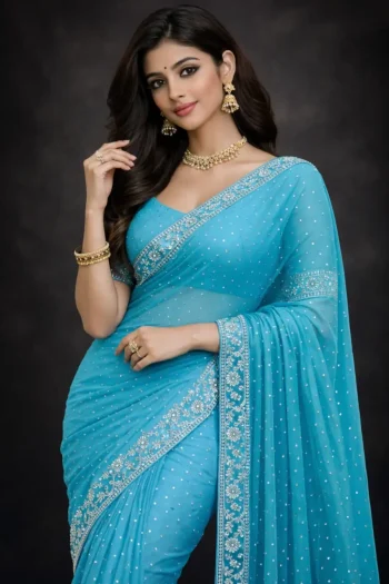 LATEST GEORGETTE DIAMOND WORK SAREE WITH UNSTITCHED BLOUSE SKY