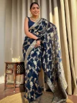 MODERN BANARASI LICHI SILK JACQUARD WORK SAREE WITH UNSTITCHED BLOUSE NAVY BLUE