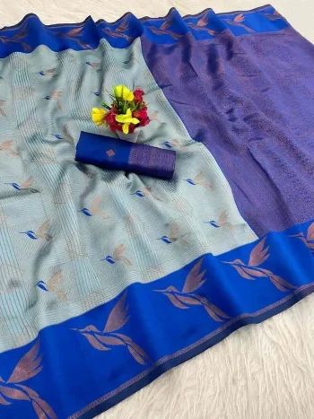 MODERN BANARASI SILK FLOWERS AND MINA & ZARI WEAVING PALLU WITH ZARI WEAVING BORDER WORK SAREE WITH UNSTITCHED BLOUSE SKY