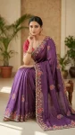 MODERN CHINON SILK ZARI SEQUENCE EMBROIDERY WITH BANDHNI PATCH AND ZARI EMBROIDERY BORDER WORK SAREE WITH UNSTITCHED BLOUSE PURPLE