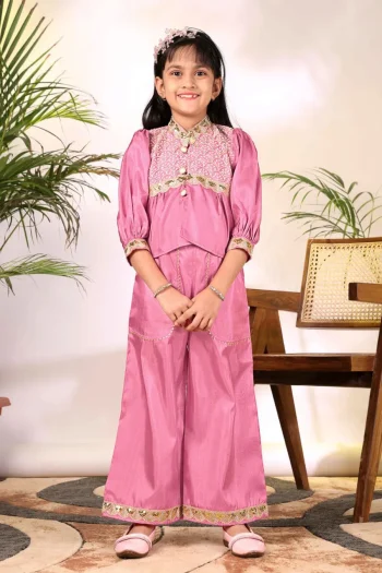 MODERN COTTON BLEND EMBROIDERY WORK KID'S TOP PALAZZO SET  BABY PINK