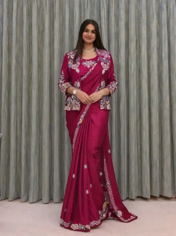 MODERN CREPE SATIN EMBROIDERY WORK READY TO WEAR SAREE WITH STITCHED BLOUSE AND KOTI PINK