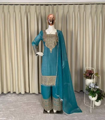 MODERN CRUNCHY CODING WITH SEQUENCE EMBROIDERY WORK TOP PALAZZO WITH DUPATTA RAMA