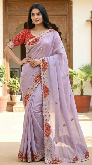 MODERN CRUSH SILK ZARI SEQUENCE EMBROIDERY WITH BANDHNI PATCH AND ZARI BORDER WORK SAREE WITH UNSTITCHED BLOUSE LAVENDER