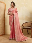 MODERN FENDY CHIFFON BEADS EMBROIDERY WORK LACE BORDER  SAREE WITH UNSTITCHED BLOUSE PEACH