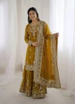 MODERN GEORGETTE EMBROIDERY SEQUENCE WORK TOP SHARARA WITH DUPATTA MUSTARD