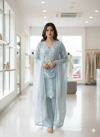 MODERN GEORGETTE SEQUENCE EMBROIDERY WORK TOP PALAZZO WITH DUPATTA SKY