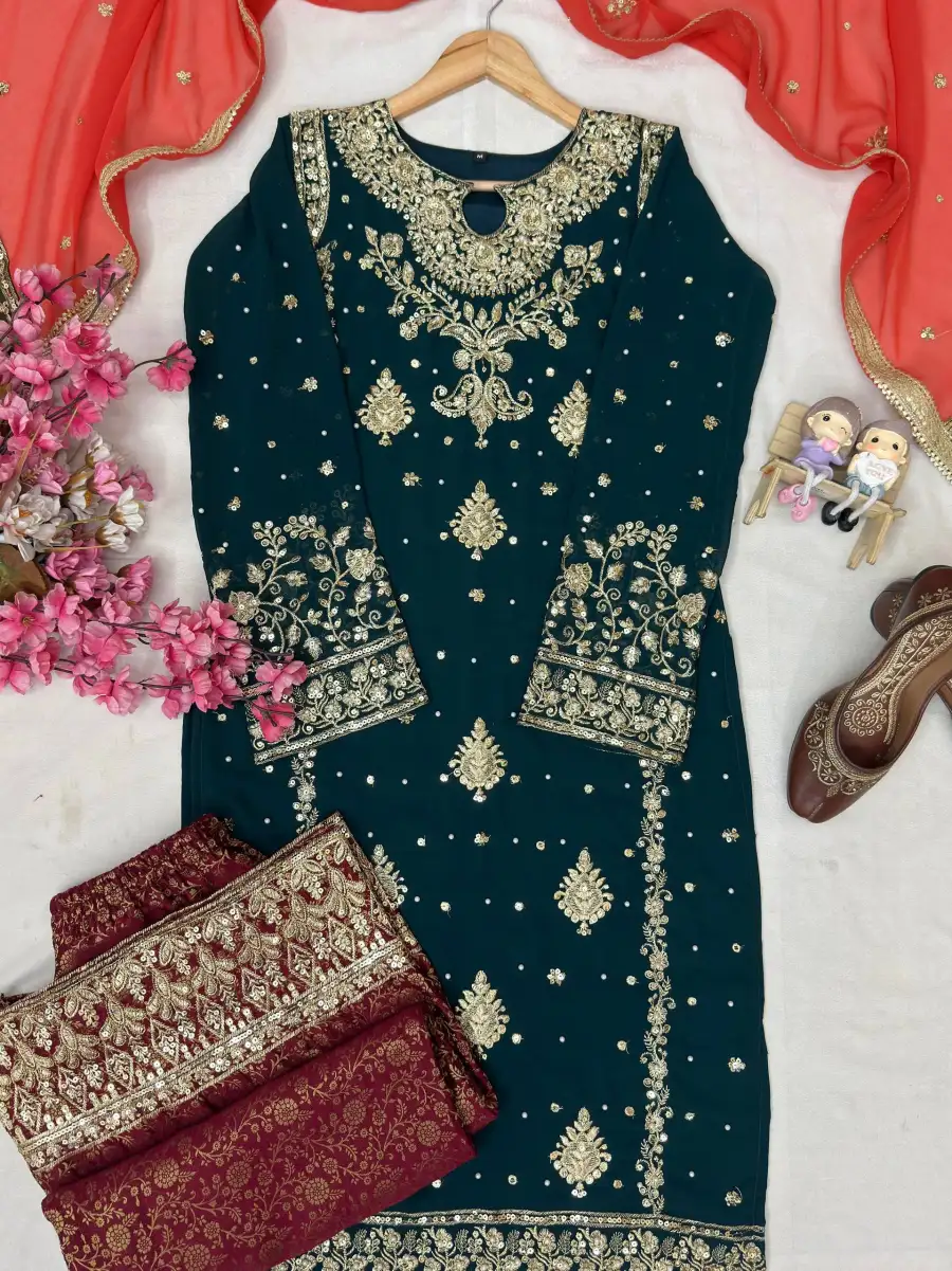 2MODERN GEORGETTE SEQUENCE WITH ZARI EMBROIDERY WORK WITH PEARL WORK TOP PALAZZO WITH DUPATTA FESTIVE WEAR WHOLESALE PRICE ETHNIC GARMENT (1)