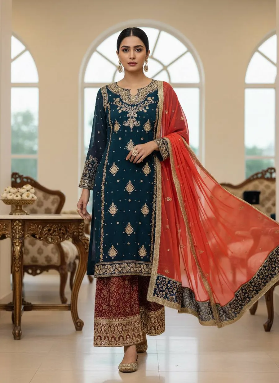 2MODERN GEORGETTE SEQUENCE WITH ZARI EMBROIDERY WORK WITH PEARL WORK TOP PALAZZO WITH DUPATTA FESTIVE WEAR WHOLESALE PRICE ETHNIC GARMENT (2)