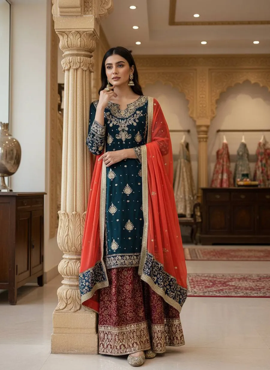 2MODERN GEORGETTE SEQUENCE WITH ZARI EMBROIDERY WORK WITH PEARL WORK TOP PALAZZO WITH DUPATTA FESTIVE WEAR WHOLESALE PRICE ETHNIC GARMENT (3)