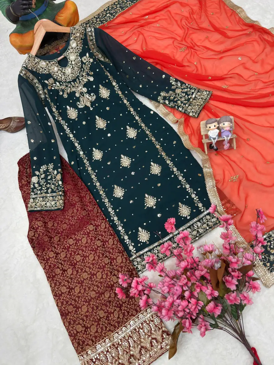 2MODERN GEORGETTE SEQUENCE WITH ZARI EMBROIDERY WORK WITH PEARL WORK TOP PALAZZO WITH DUPATTA FESTIVE WEAR WHOLESALE PRICE ETHNIC GARMENT (5)