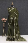MODERN GMY CHIFFON SILK SEQUENCE WITH 2 ZARI & THREAD WORK SAREE WITH UNSTITCHED BLOUSE MEHNDI