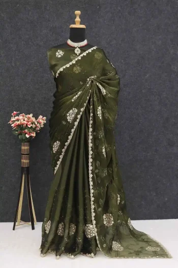 MODERN GMY CHIFFON SILK SEQUENCE WITH 2 ZARI & THREAD WORK SAREE WITH UNSTITCHED BLOUSE MEHNDI