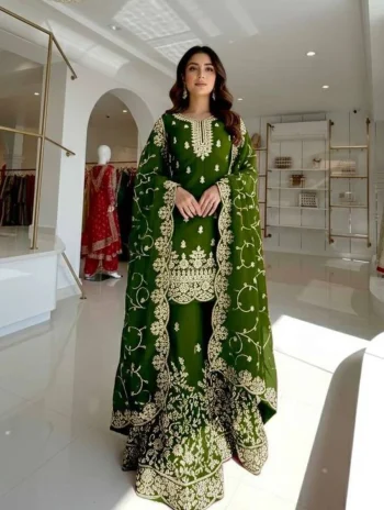 MODERN GMY SILK EMBROIDERY 3 MM SEQUENCE & CODING DORI WORK TOP PALAZZO WITH DUPATTA GREEN