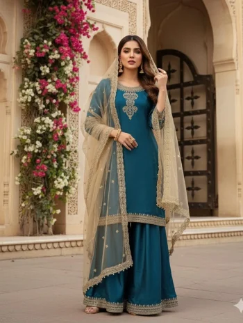 MODERN GMY SILK EMBROIDERY WORK TOP BOTTOM WITH DUPATTA TEAL