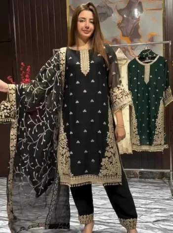 MODERN GMY SILK SEQUENCE EMBROIDERY WORK TOP PALAZZO WITH DUPATTA BLACK