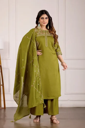 MODERN MANGO SILK MULTI EMBROIDERY THREAD WITH HAND WORK TOP PALAZZO WITH DUPATTA PARROT GREEN