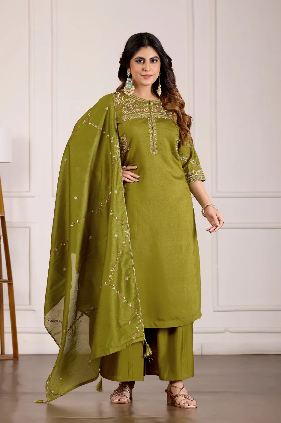 2MODERN MANGO SILK MULTI EMBROIDERY THREAD WITH HAND WORK TOP PALAZZO WITH DUPATTA FESTIVE WEAR WHOLESALE PRICE ETHNIC GARMENT (14)