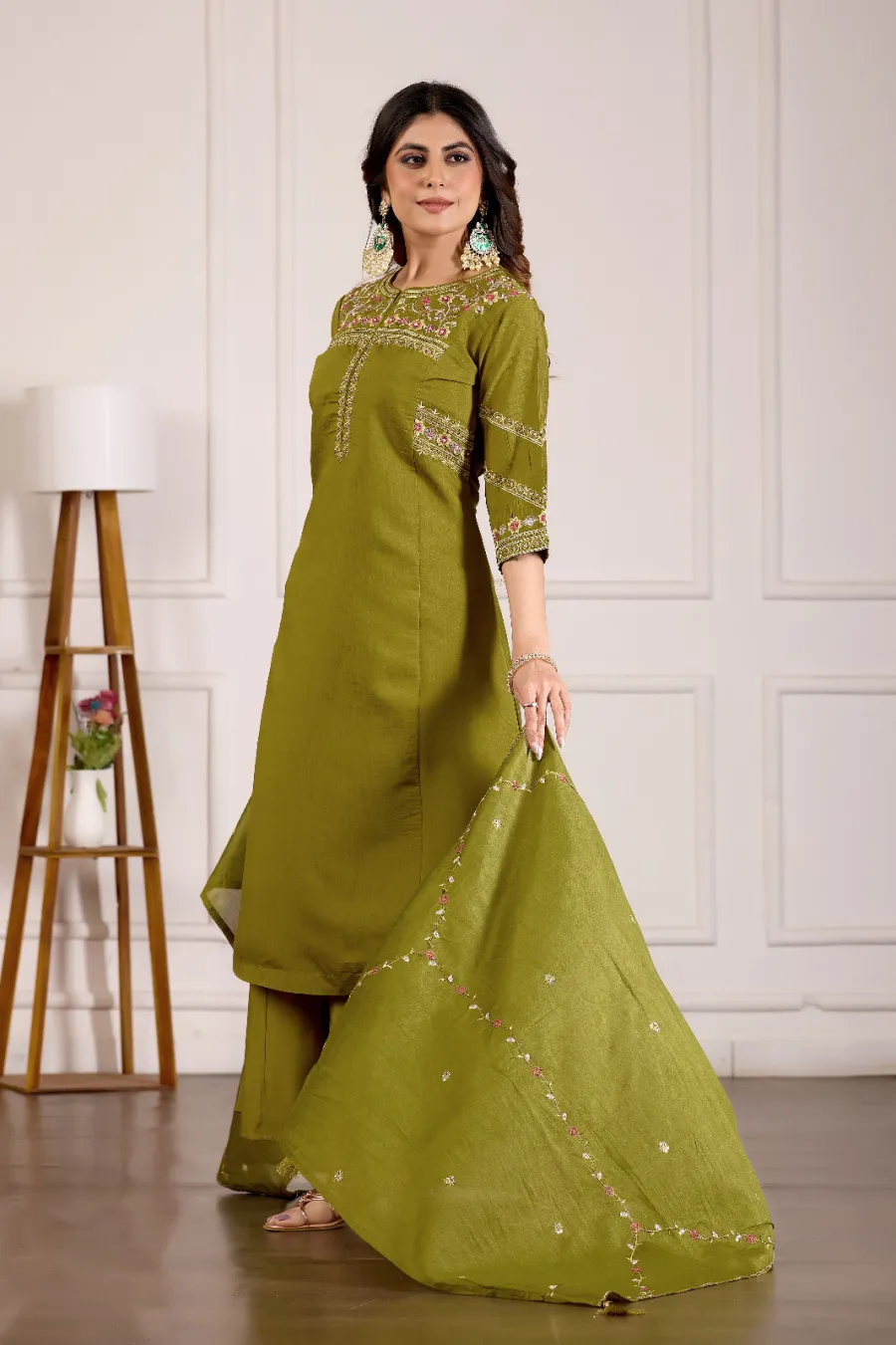 2MODERN MANGO SILK MULTI EMBROIDERY THREAD WITH HAND WORK TOP PALAZZO WITH DUPATTA FESTIVE WEAR WHOLESALE PRICE ETHNIC GARMENT (18)