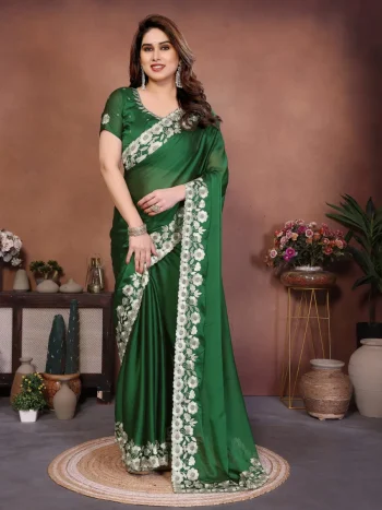 MODERN RANGOLI SILK EMBROIDERY WORK LACE BORDER SAREE WITH UNSTITCHED BLOUSE GREEN