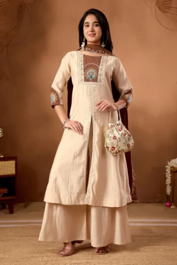 MODERN ROMAN SILK MULTI EMBROIDERY THREAD WITH BEAUTIFUL HAND WORK TOP PALAZZO WITH DUPATTA CREAM AND CHIKU