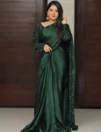 MODERN SATIN SILK SEQUENCE WORK LACE BORDER READY TO WEAR SAREE WITH STITCHED BLOUSE GREEN