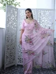 MODERN TABBY SILK FLORAL PRINT WITH SEQUENCE AND CUTDANA HANDWORK SAREE WITH UNSTITCHED BLOUSE BABY PINK