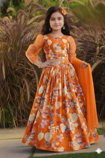 MODERN TWILL COTTON DIGITAL PRINT WORK KID'S LEHENGA CHOLI WITH DUPATTA ORANGE