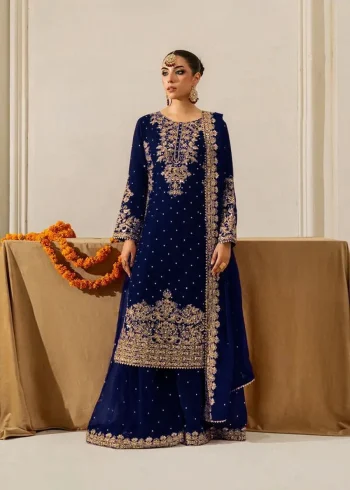 DESIGNER VELVET CODING SEQUENCE WORK AND MOTI WORK TOP PALAZZO WITH DUPATTA BLUE