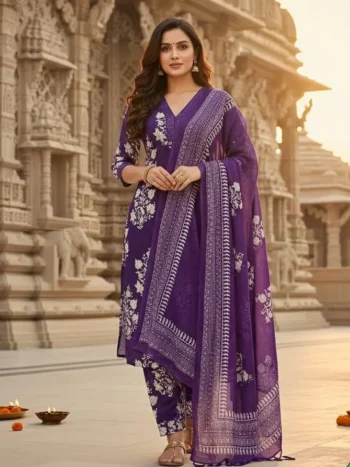 NEW ARRIVAL 14KG RAYON PAPER MIRROR EMBROIDERY PRINT WORK TOP BOTTOM WITH DUPATTA PURPLE