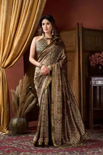 NEW ARRIVAL CLUSTER DIGITAL WITH JACQUARD BORDER & JHALLAR WORK SAREE WITH UNSTITCHED BLOUSE MEHNDI