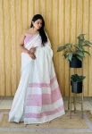 NEW ARRIVAL LINEN COTTON PLAIN WITH ZALAR WORK SAREE WITH UNSTITCHED BLOUSE PINK
